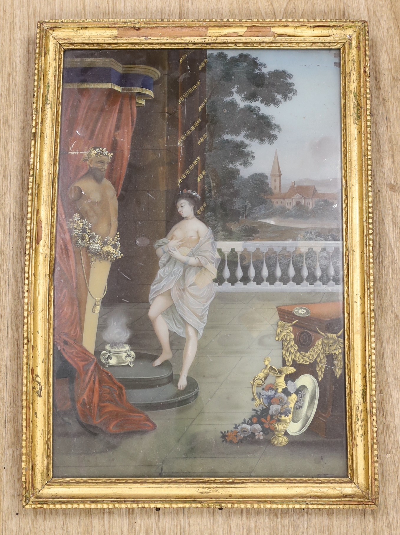 An early 19th century reverse painting on glass, Woman in diaphanous gown standing before a bacchic altar, 44 x 29cm (a.f.)